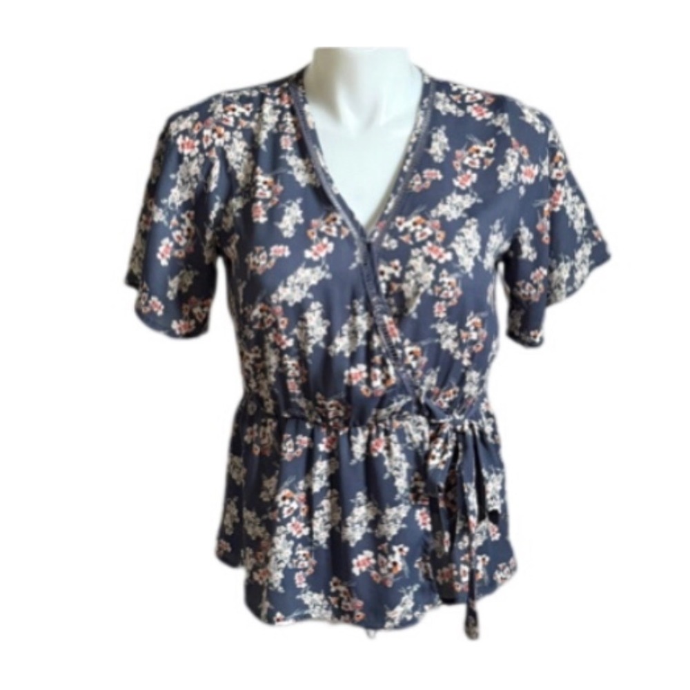 Sienna Sky Blue Floral Wrap Top V-Neck Short Sleeve Peplum Blouse Womens Large